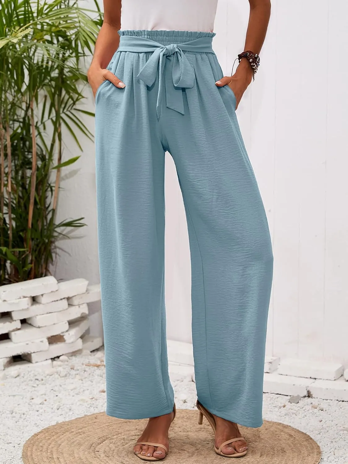 Heymoments Women's Wide Leg Lounge Pants with Pockets Lightweight High Waisted Adjustable Tie Knot Loose Trousers