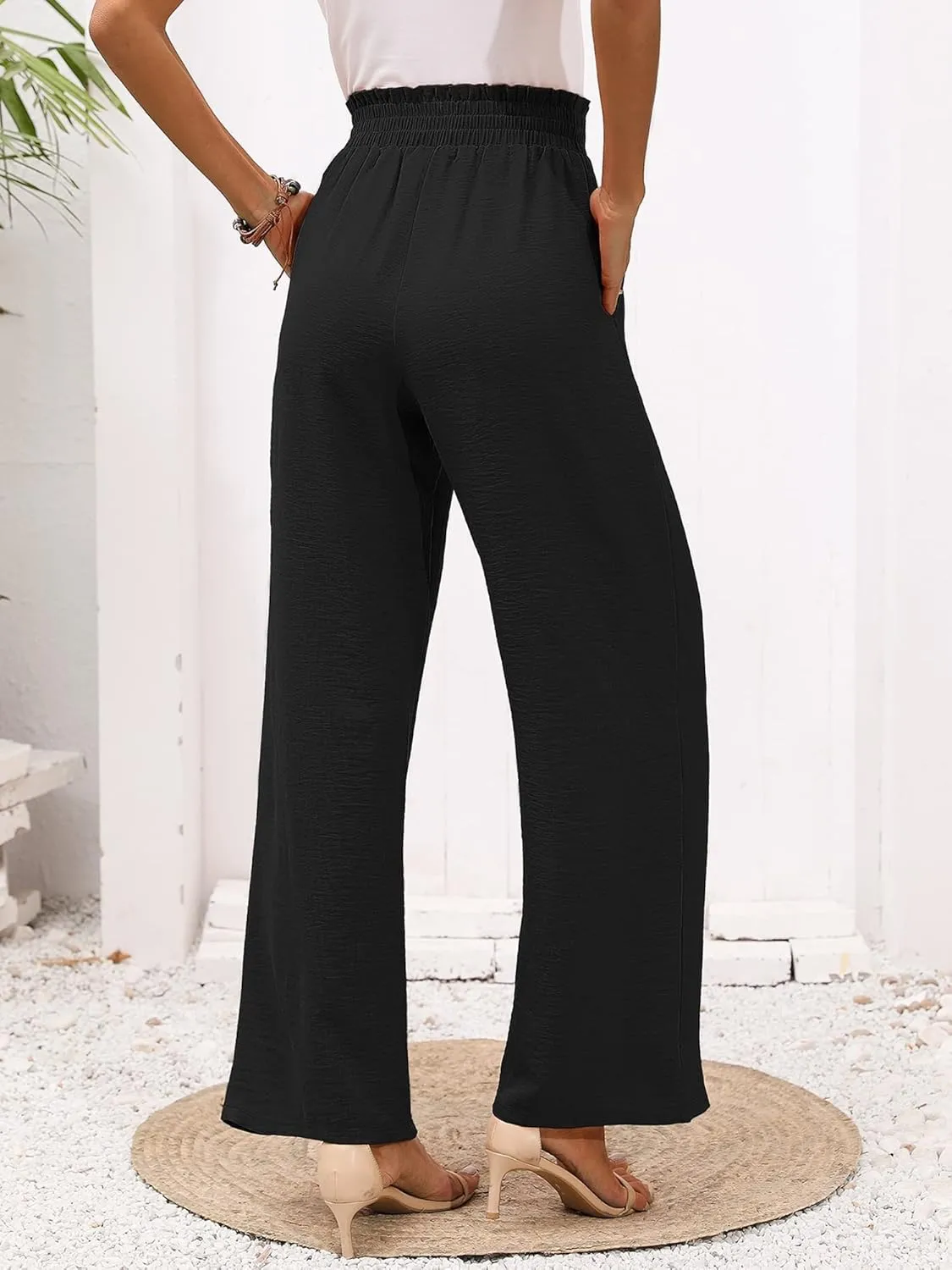 Heymoments Women's Wide Leg Lounge Pants with Pockets Lightweight High Waisted Adjustable Tie Knot Loose Trousers