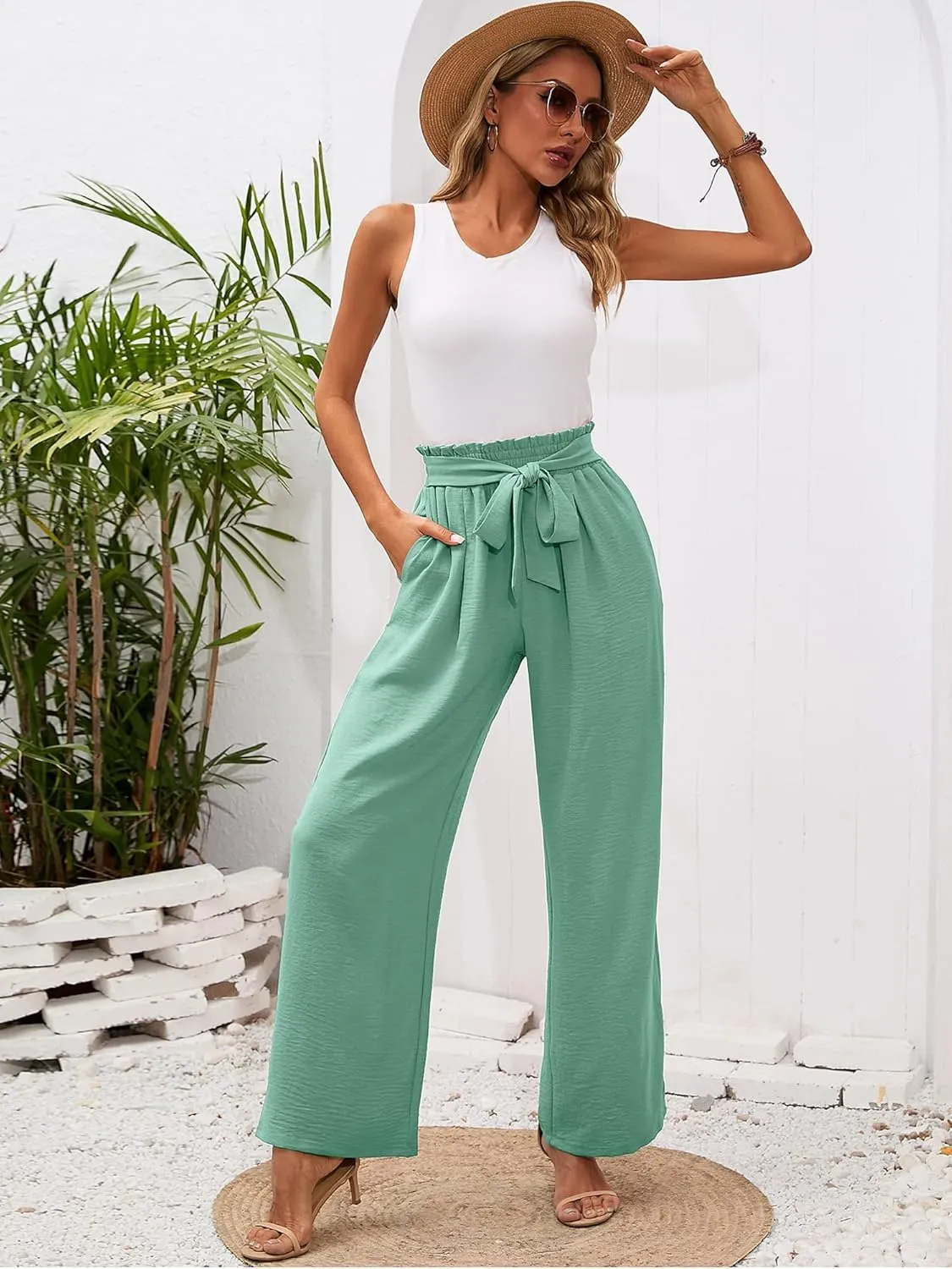 Heymoments Women's Wide Leg Lounge Pants with Pockets Lightweight High Waisted Adjustable Tie Knot Loose Trousers