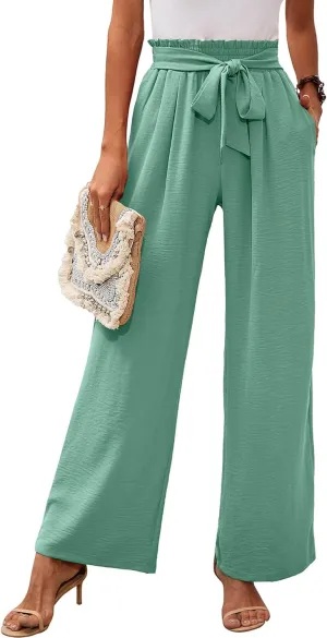 Heymoments Women's Wide Leg Lounge Pants with Pockets Lightweight High Waisted Adjustable Tie Knot Loose Trousers