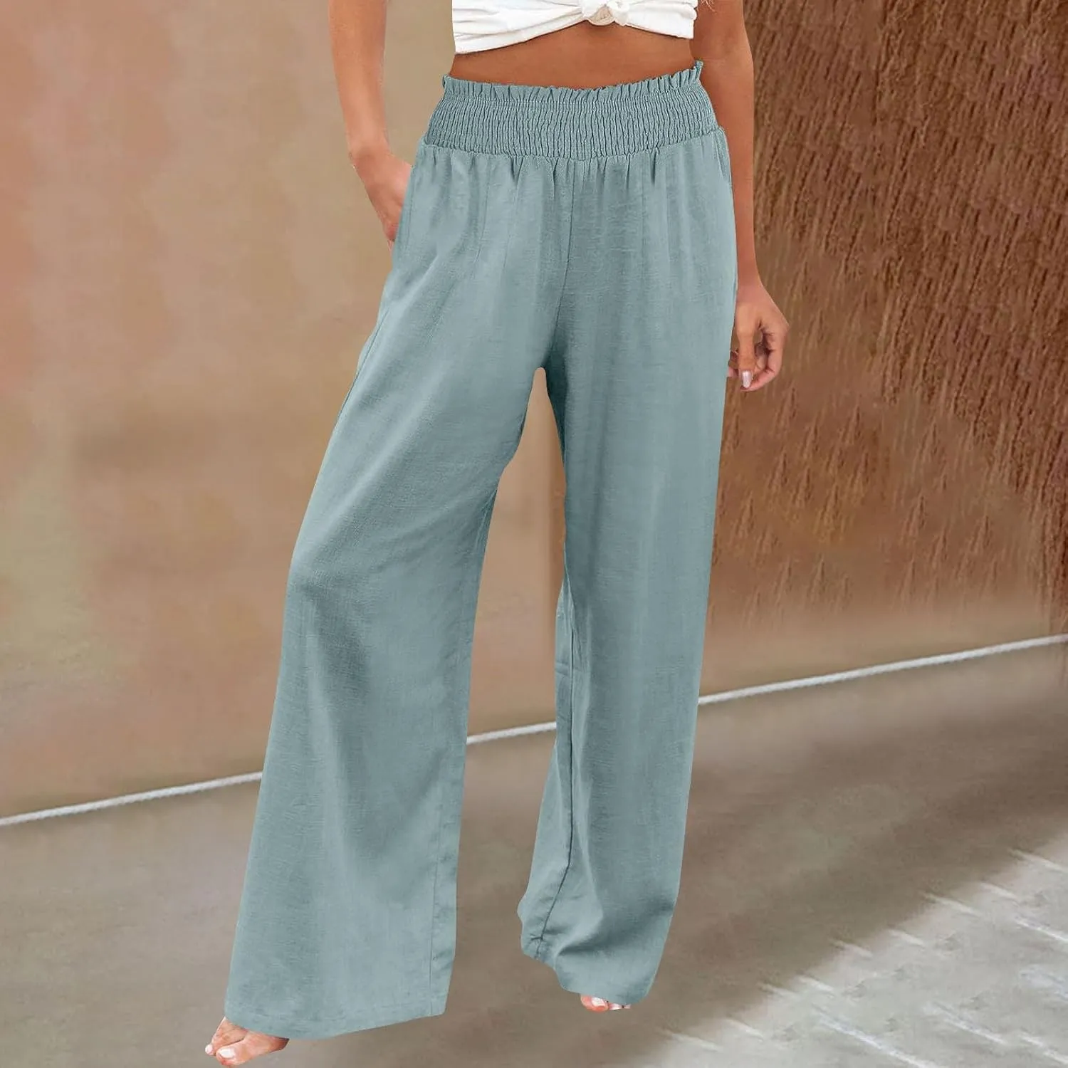 High Waisted Palazzo Pants for Women Cotton-Linen Wide Leg Loose Fit Long Lounge Pant Summer Casual Trousers