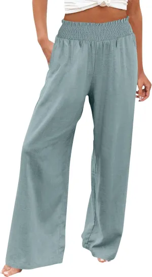High Waisted Palazzo Pants for Women Cotton-Linen Wide Leg Loose Fit Long Lounge Pant Summer Casual Trousers