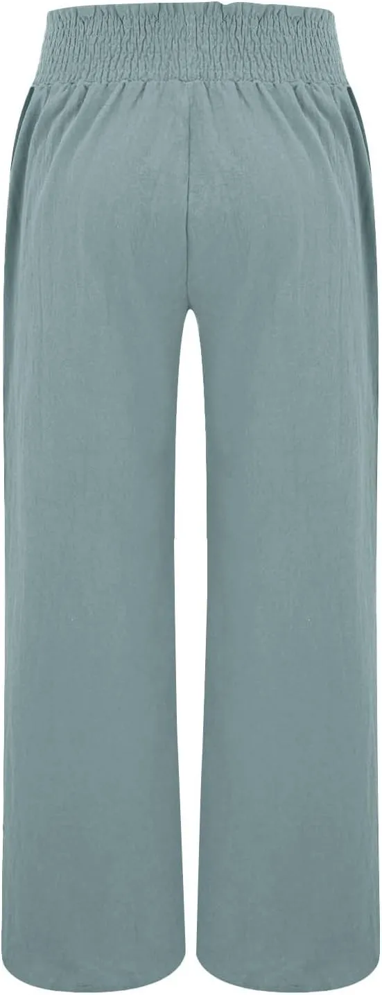 High Waisted Palazzo Pants for Women Cotton-Linen Wide Leg Loose Fit Long Lounge Pant Summer Casual Trousers