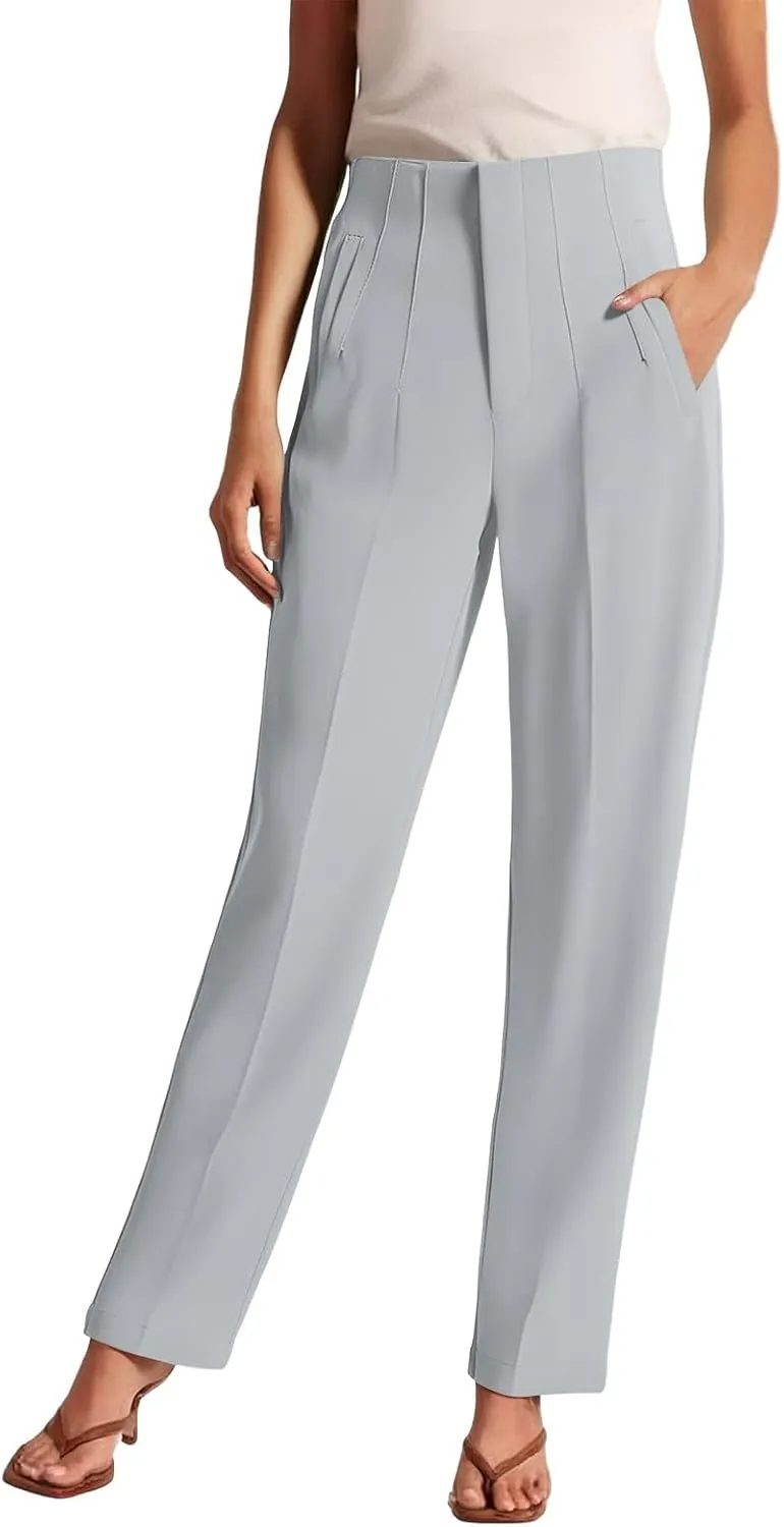 High Waisted Wide Leg Office Work Dress Pants for Women Business Casual Pull on Straight Leg Slacks Trousers Pockets