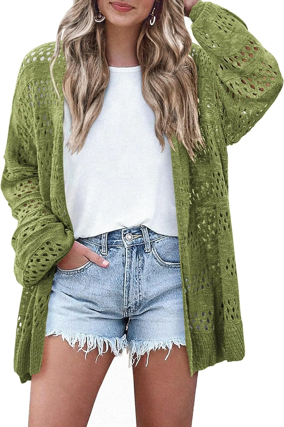 HOTOUCH Lightweight Crochet Cardigan for Women Long Sleeve Open Front Knit Oversized Cardigans Sweaters