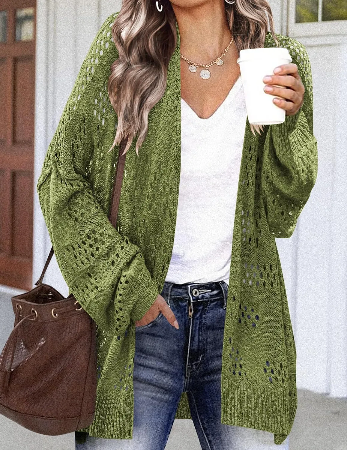 HOTOUCH Lightweight Crochet Cardigan for Women Long Sleeve Open Front Knit Oversized Cardigans Sweaters
