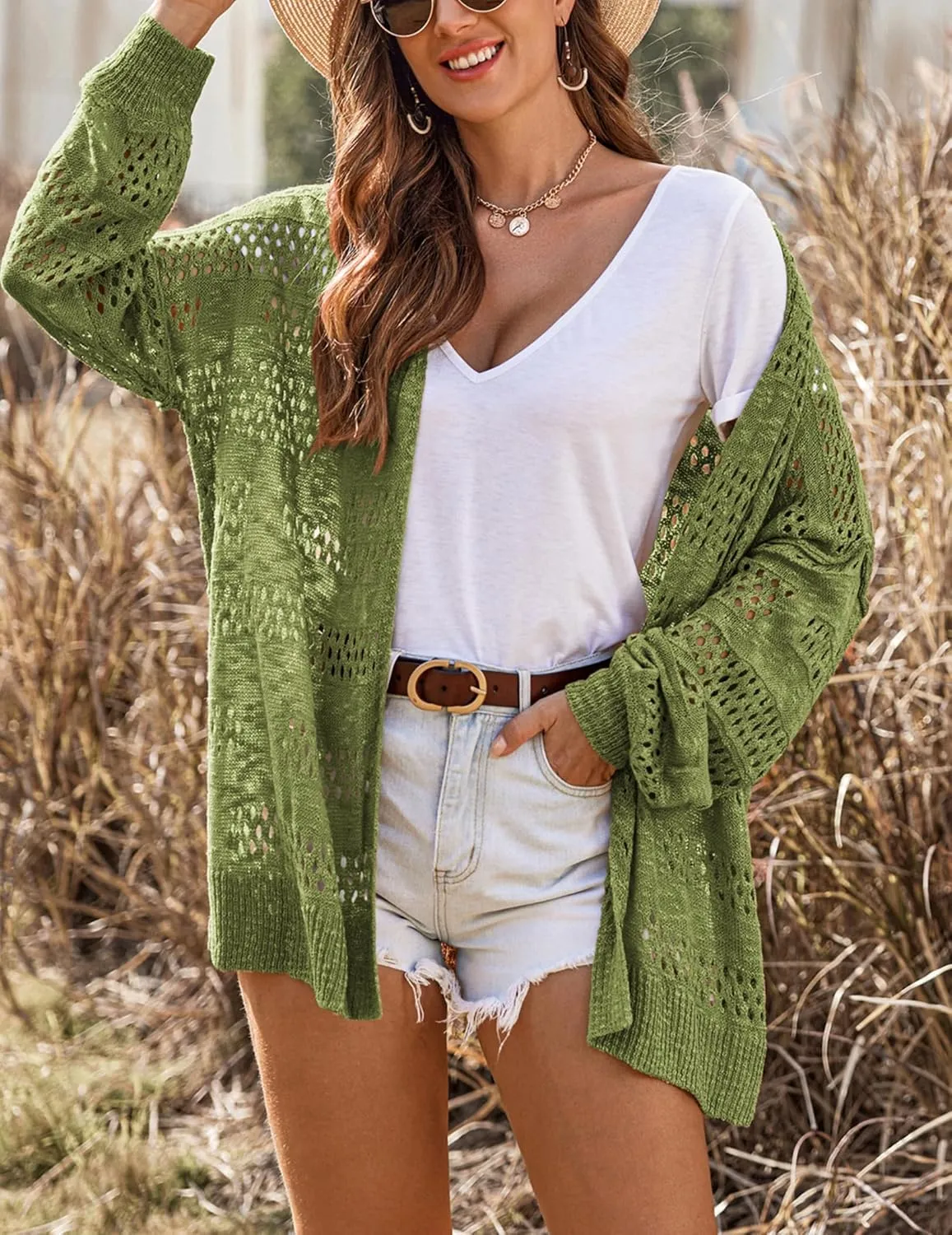 HOTOUCH Lightweight Crochet Cardigan for Women Long Sleeve Open Front Knit Oversized Cardigans Sweaters