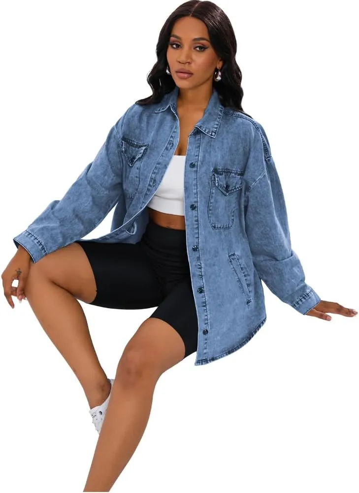 HTD Women's Jean Jacket Button Down Long Sleeve Denim Jackets With Pockets
