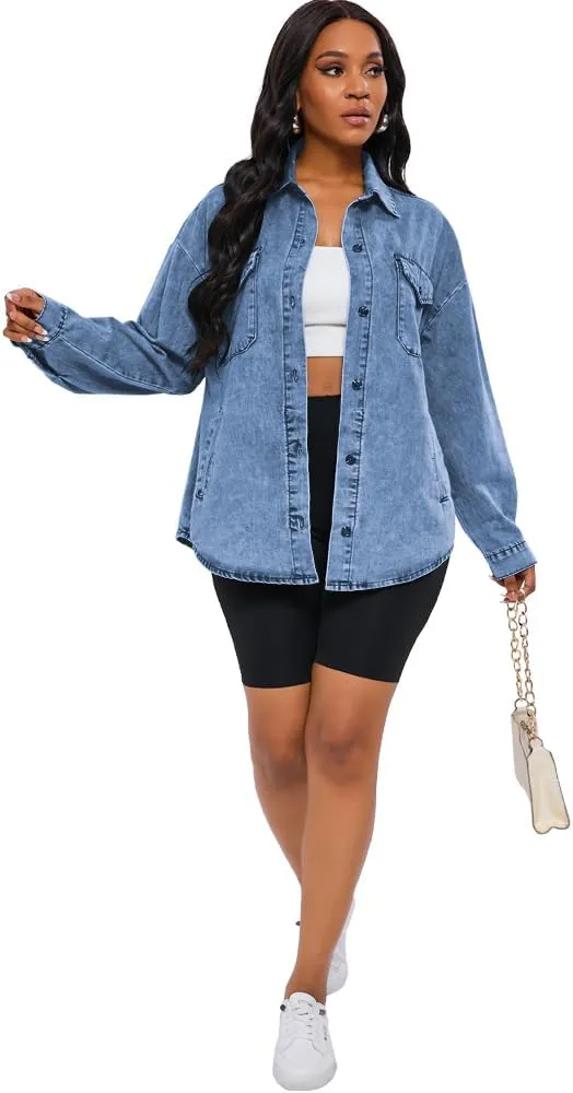 HTD Women's Jean Jacket Button Down Long Sleeve Denim Jackets With Pockets