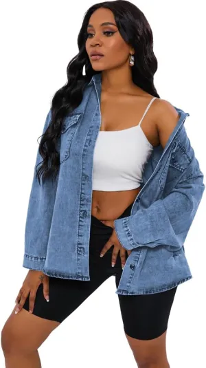 HTD Women's Jean Jacket Button Down Long Sleeve Denim Jackets With Pockets