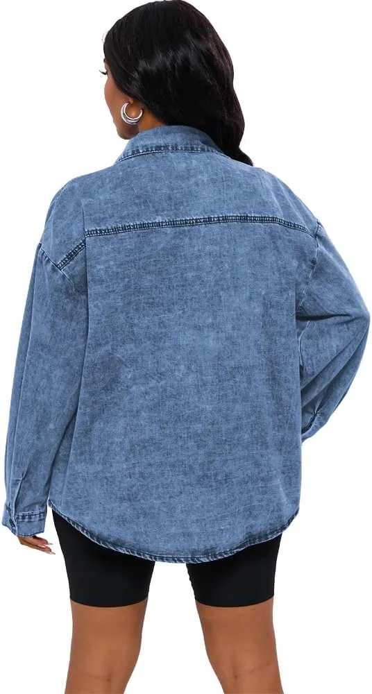 HTD Women's Jean Jacket Button Down Long Sleeve Denim Jackets With Pockets