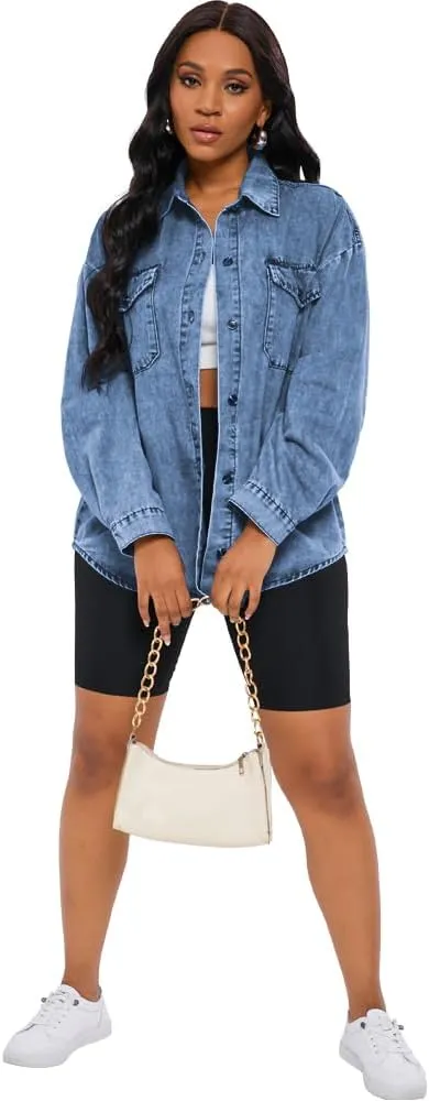 HTD Women's Jean Jacket Button Down Long Sleeve Denim Jackets With Pockets