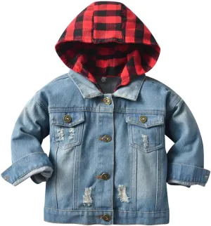 IMEKIS Toddler Baby Denim Jackets Button Down Jeans Coat Ripped Hooded Top Fall Cowboy Outwear Clothes for Kids Girls Boys