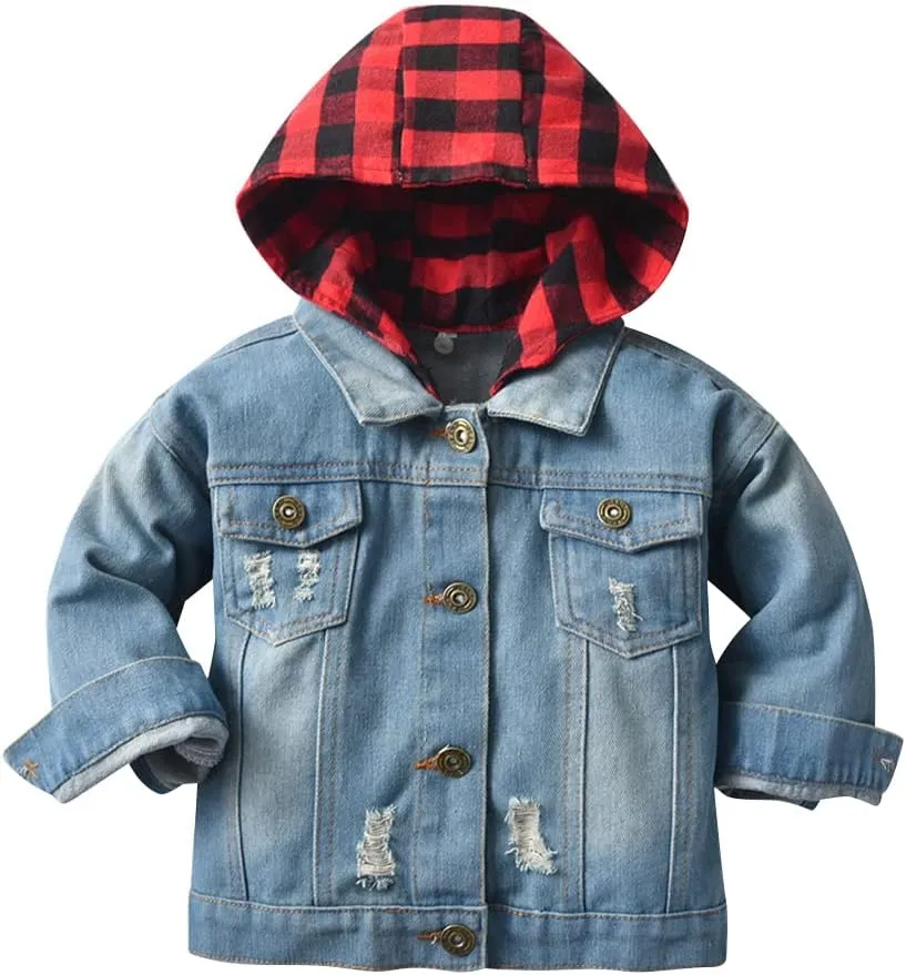IMEKIS Toddler Baby Denim Jackets Button Down Jeans Coat Ripped Hooded Top Fall Cowboy Outwear Clothes for Kids Girls Boys