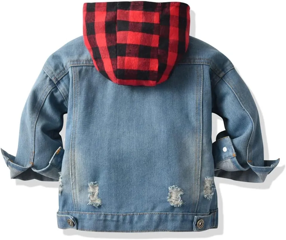 IMEKIS Toddler Baby Denim Jackets Button Down Jeans Coat Ripped Hooded Top Fall Cowboy Outwear Clothes for Kids Girls Boys