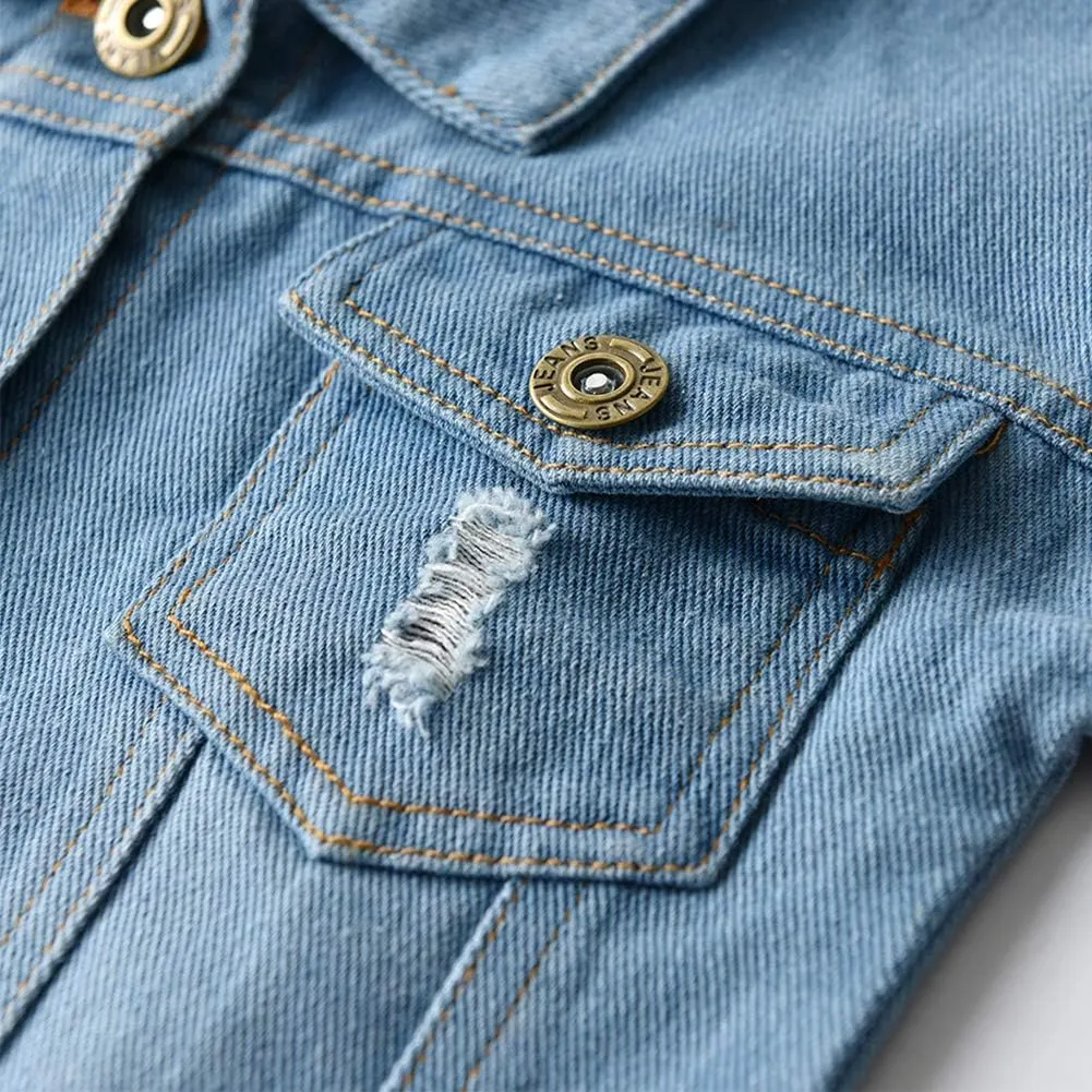 IMEKIS Toddler Baby Denim Jackets Button Down Jeans Coat Ripped Hooded Top Fall Cowboy Outwear Clothes for Kids Girls Boys