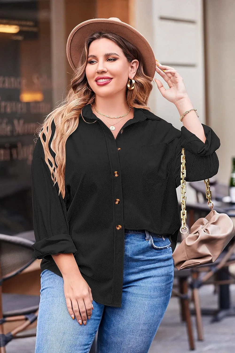 IN'VOLAND Womens Plus Size Corduroy Shirt Long Sleeve Button Down Shirts Fall Blouses Tops Casual Jacket Shacket