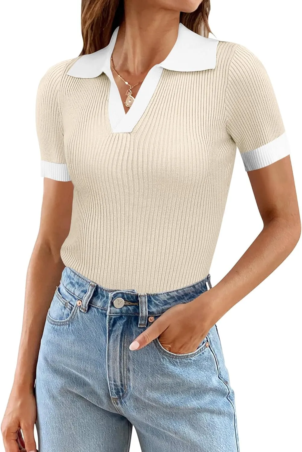 Ivicoer Womens 2025 Summer V Neck Short Sleeve T Shirts Slim Fitted Ribbed Knit Casual Tee Tops