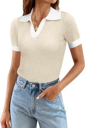 Ivicoer Womens 2025 Summer V Neck Short Sleeve T Shirts Slim Fitted Ribbed Knit Casual Tee Tops