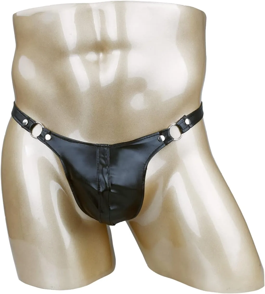 JanJean Men's Faux Leather Low Rise G-String Thongs Bulge Pouch T-Back Bikini Briefs Swimwear Underwear