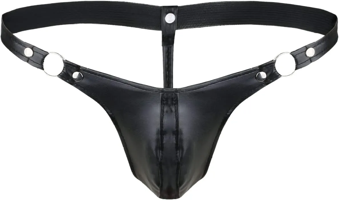 JanJean Men's Faux Leather Low Rise G-String Thongs Bulge Pouch T-Back Bikini Briefs Swimwear Underwear