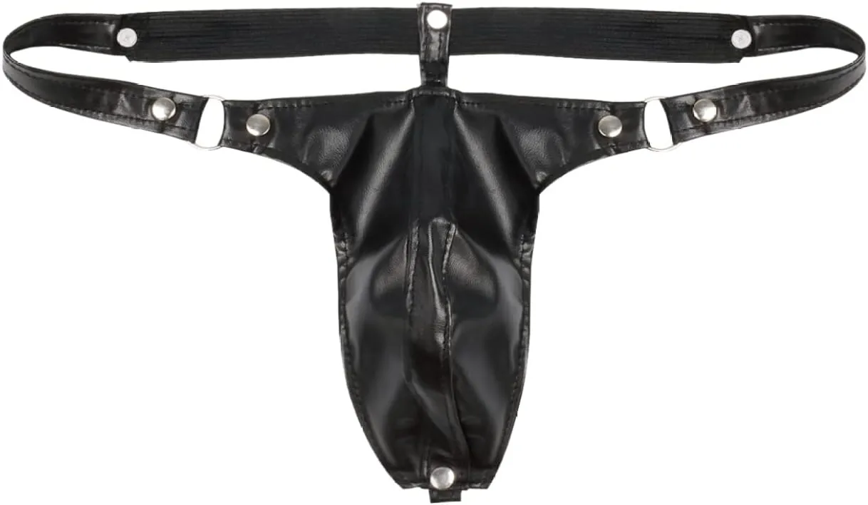 JanJean Men's Faux Leather Low Rise G-String Thongs Bulge Pouch T-Back Bikini Briefs Swimwear Underwear