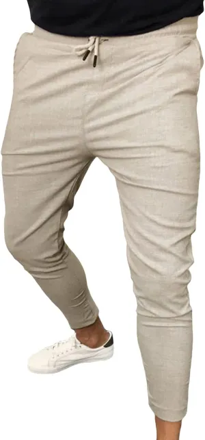 JEShifangjiusu Men's Casual Linen Pants Elastic Waist Drawstring Cotton Trousers Loose Soft Stretch Chino Pant Jogger Pants