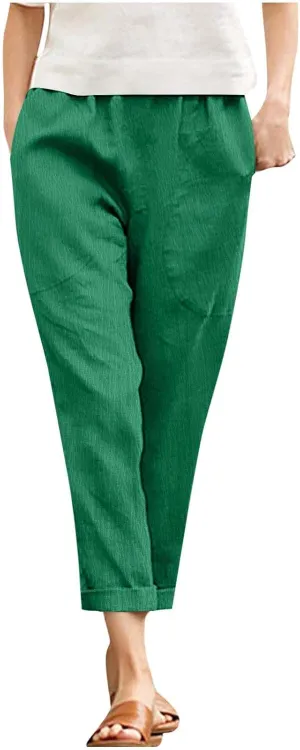 JOAU Women Cotton Linen Pants Casual Summer 2025 Straight Wide Leg Loose Comfy Elastic High Waist Beach Trouser with Pockets
