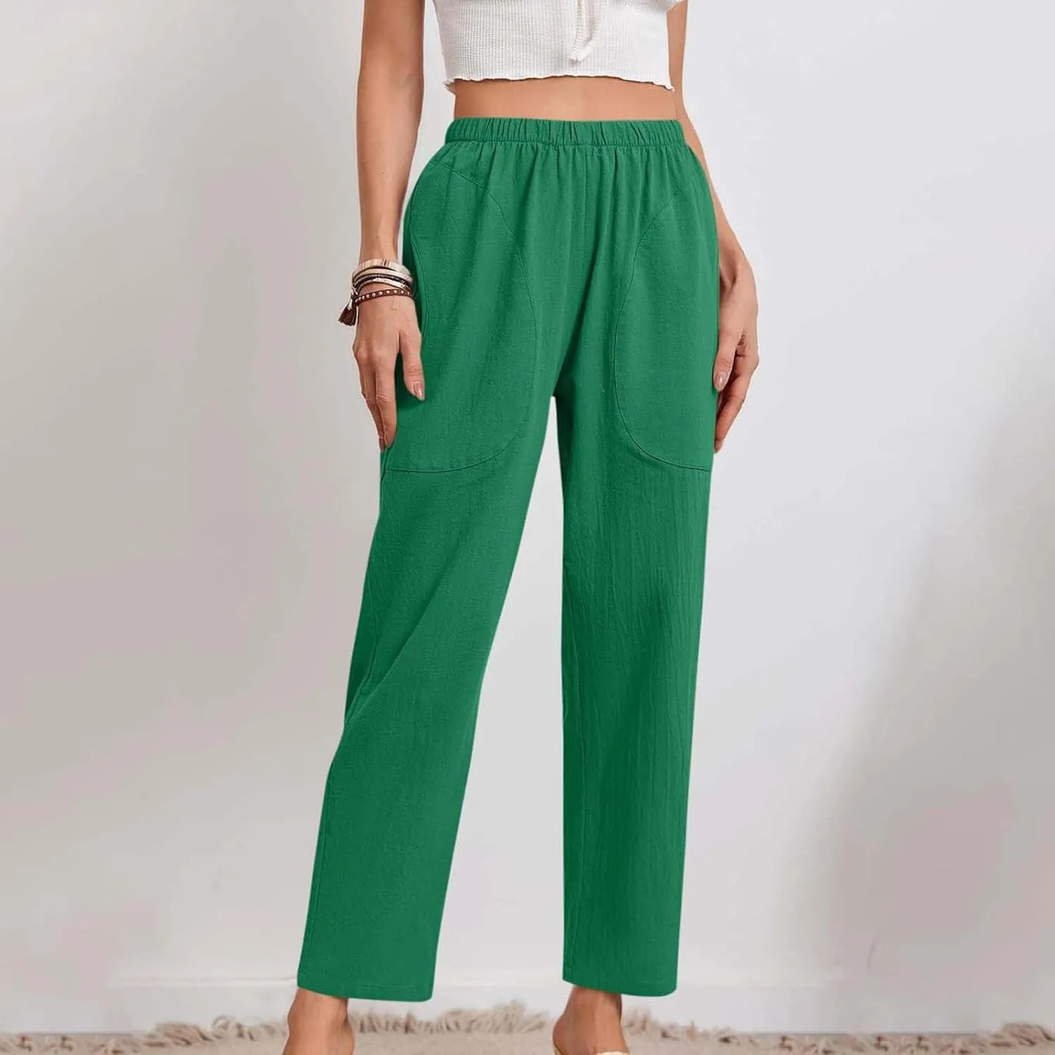 JOAU Women Cotton Linen Pants Casual Summer 2025 Straight Wide Leg Loose Comfy Elastic High Waist Beach Trouser with Pockets