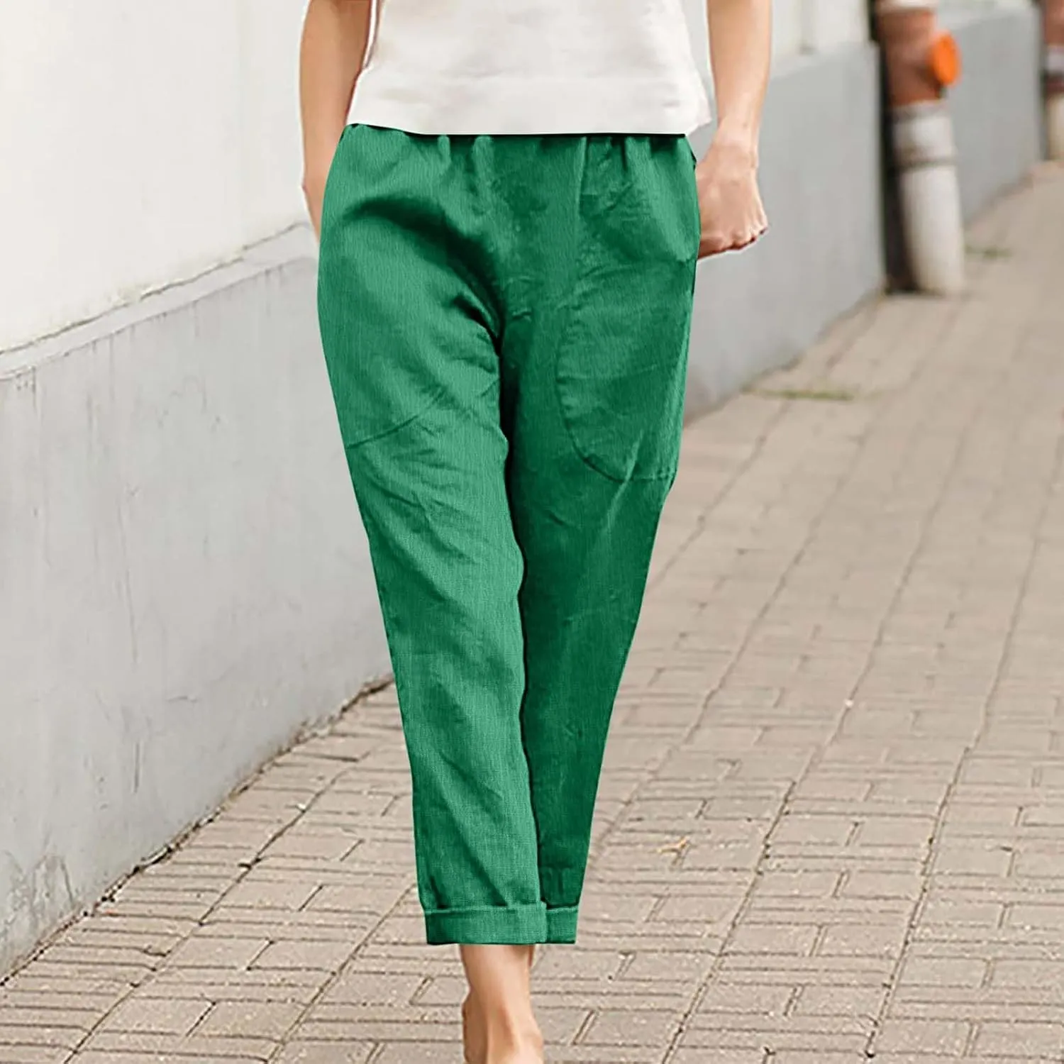 JOAU Women Cotton Linen Pants Casual Summer 2025 Straight Wide Leg Loose Comfy Elastic High Waist Beach Trouser with Pockets
