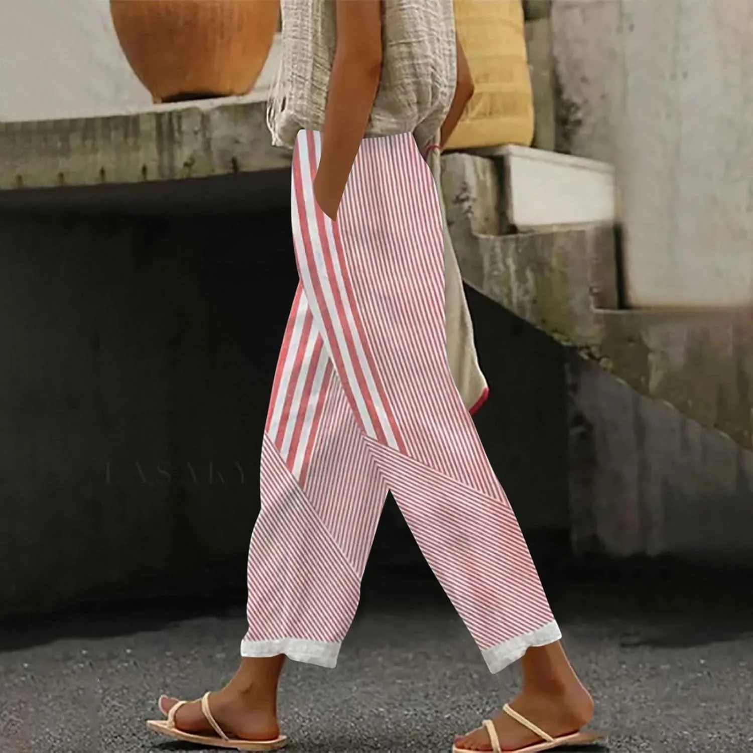 JOAU Women Linen Striped Pants Lightweight Summer Casual Loose Beach Elastic High Waist Straight Leg Trousers with Pockets