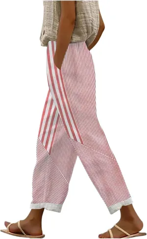 JOAU Women Linen Striped Pants Lightweight Summer Casual Loose Beach Elastic High Waist Straight Leg Trousers with Pockets