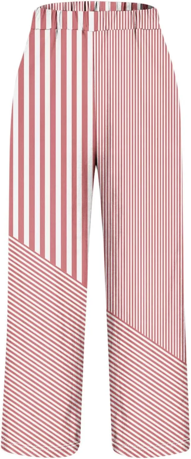 JOAU Women Linen Striped Pants Lightweight Summer Casual Loose Beach Elastic High Waist Straight Leg Trousers with Pockets