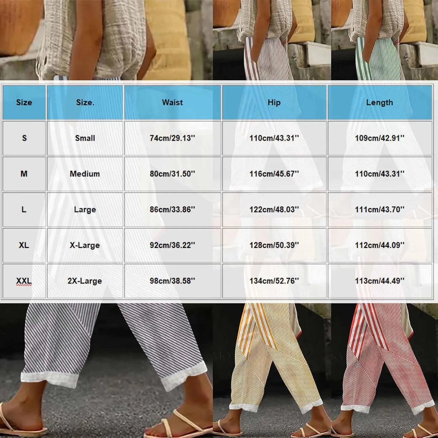 JOAU Women Linen Striped Pants Lightweight Summer Casual Loose Beach Elastic High Waist Straight Leg Trousers with Pockets