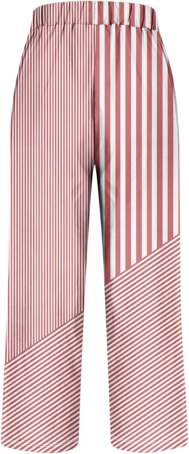 JOAU Women Linen Striped Pants Lightweight Summer Casual Loose Beach Elastic High Waist Straight Leg Trousers with Pockets