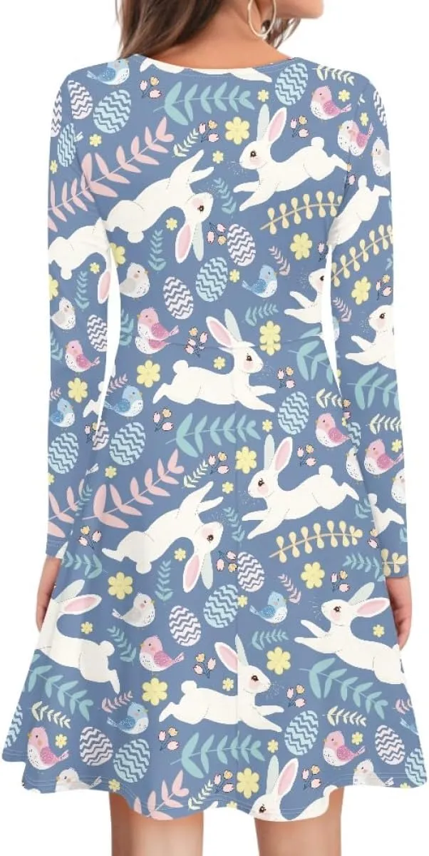 JooMeryer Womens Plus Size Easter Dress Eggs Hunt Bunny Long Sleeve V Neck Midi Dresses