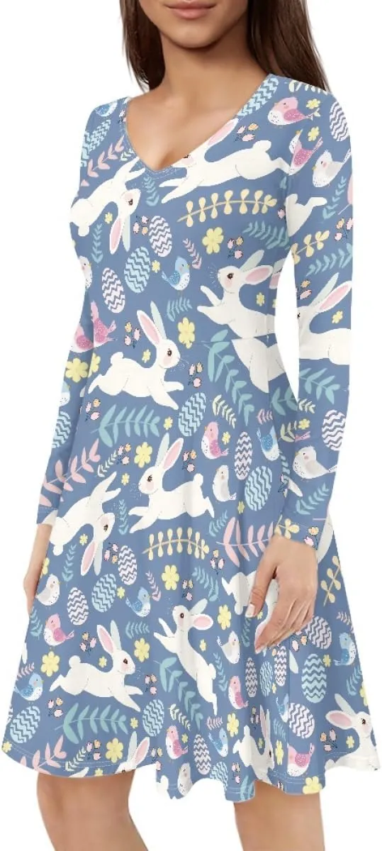 JooMeryer Womens Plus Size Easter Dress Eggs Hunt Bunny Long Sleeve V Neck Midi Dresses