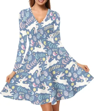 JooMeryer Womens Plus Size Easter Dress Eggs Hunt Bunny Long Sleeve V Neck Midi Dresses