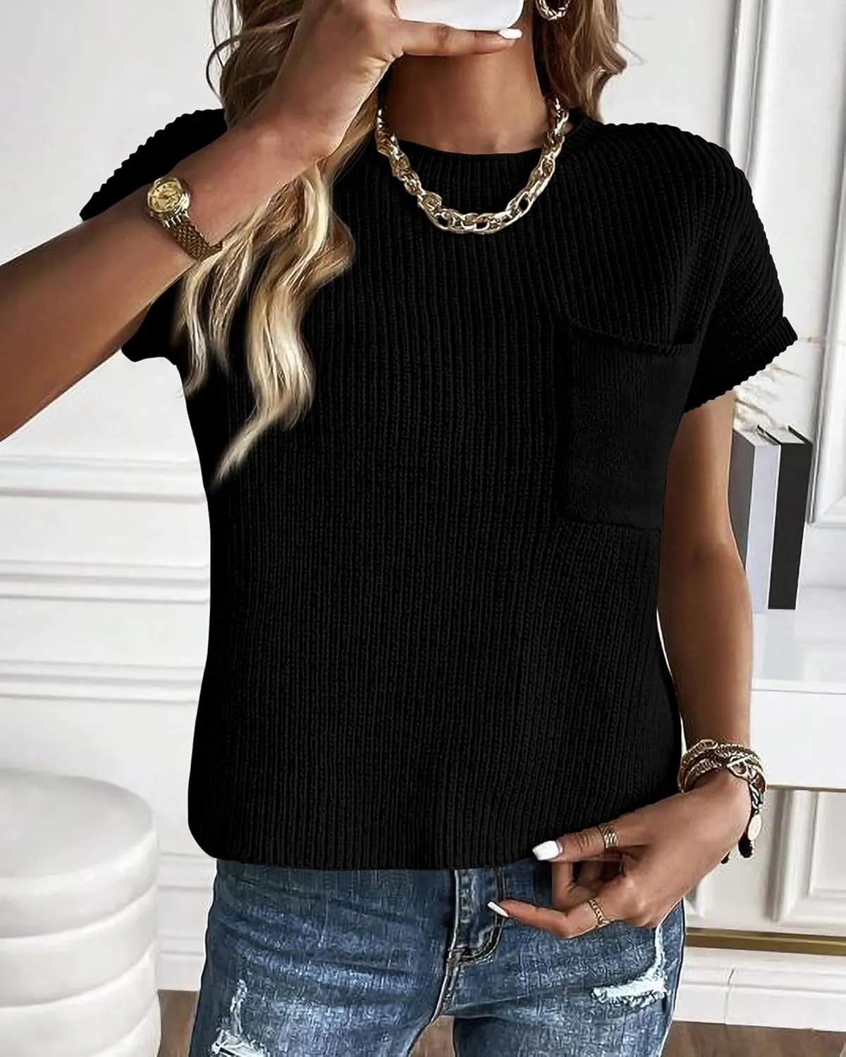 KIRUNDO Short Sleeve Sweater for Women 2025 Casual Sweater Vest Cotton Knit Pullover Tank Tops Trendy Spring Summer Outfits