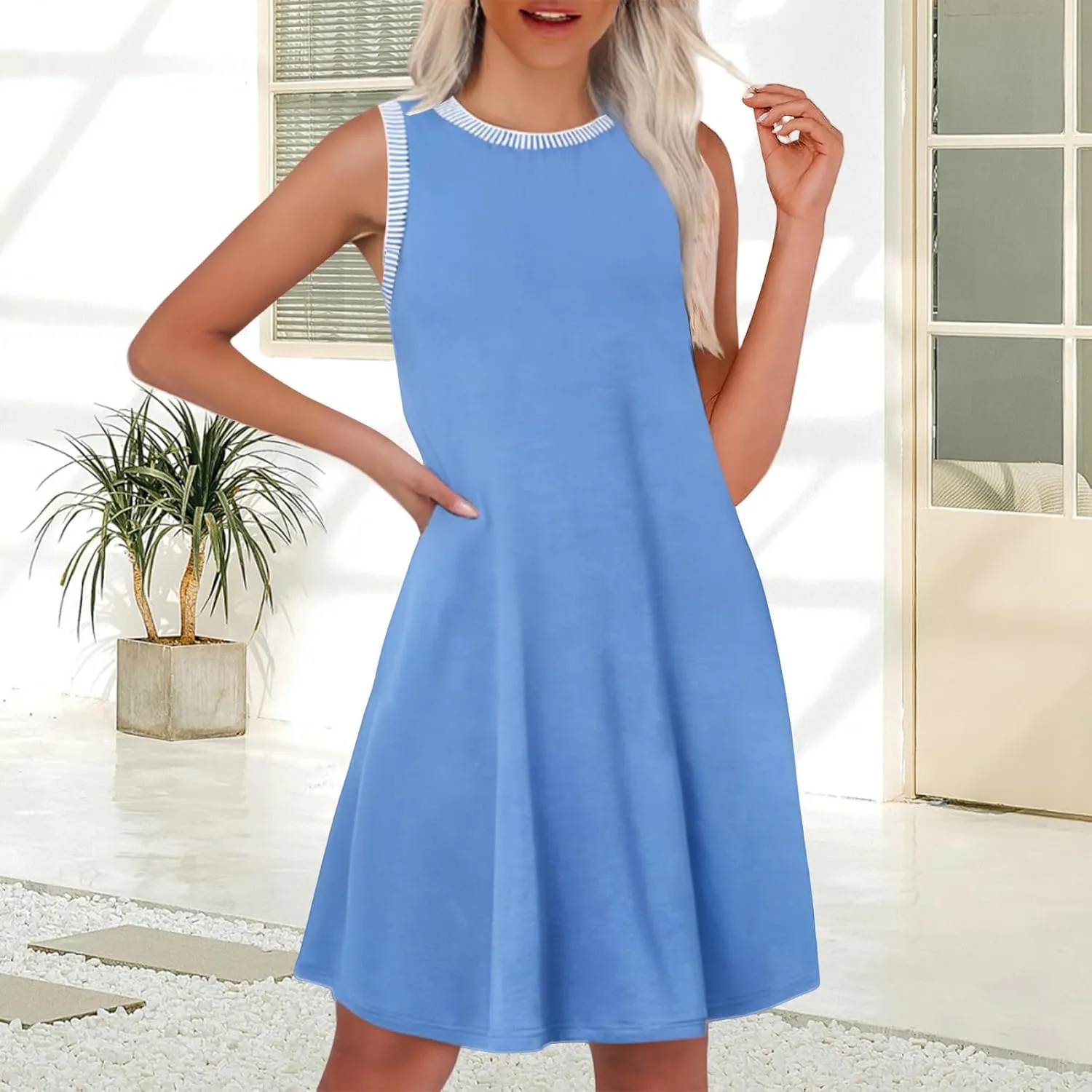 Kubbon Sundresses for Women Sleeveless Round Neck Tank Dresses Casual Loose Summer Mini Dress Flowy Travel Beach Dresses