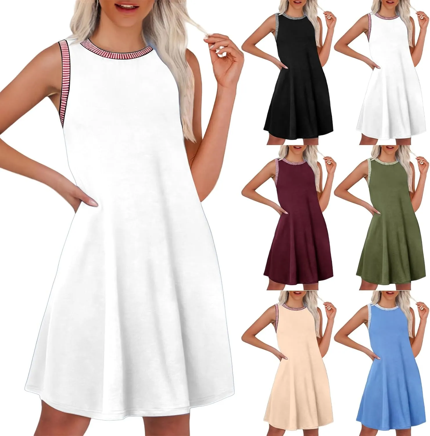 Kubbon Sundresses for Women Sleeveless Round Neck Tank Dresses Casual Loose Summer Mini Dress Flowy Travel Beach Dresses