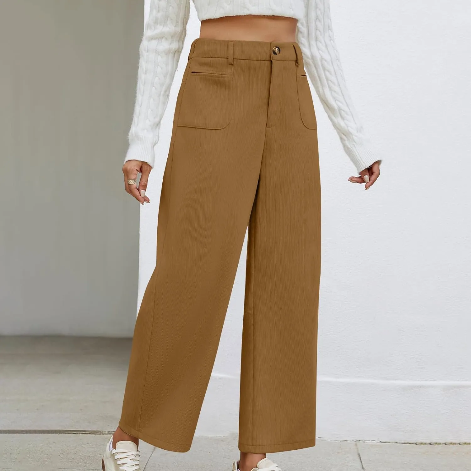 Lastesso Pants for Women Soft Corduroy High Waisted Pants with Pockets Casual Business Lounge Long Trousers Solid Slacks