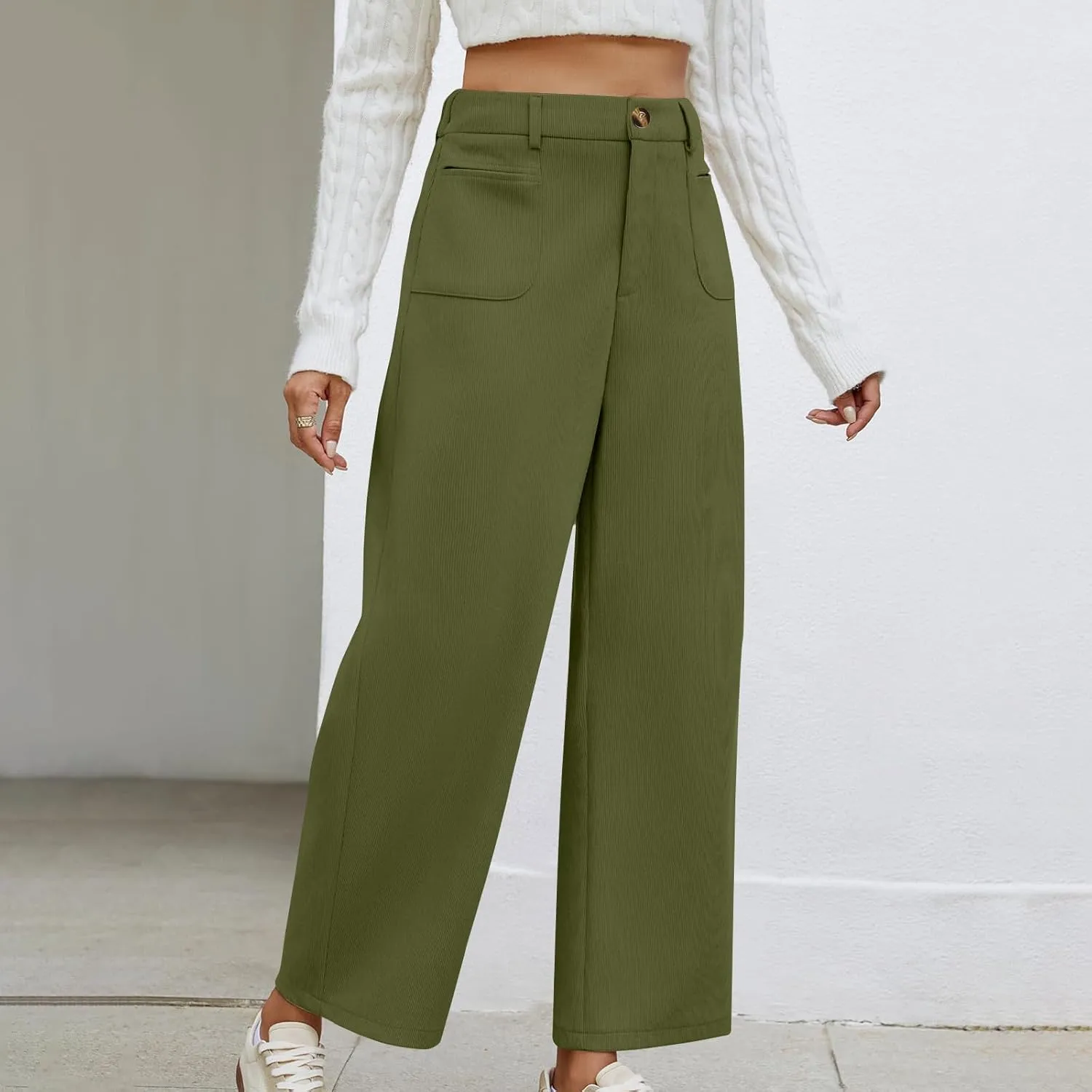 Lastesso Pants for Women Soft Corduroy High Waisted Pants with Pockets Casual Business Lounge Long Trousers Solid Slacks