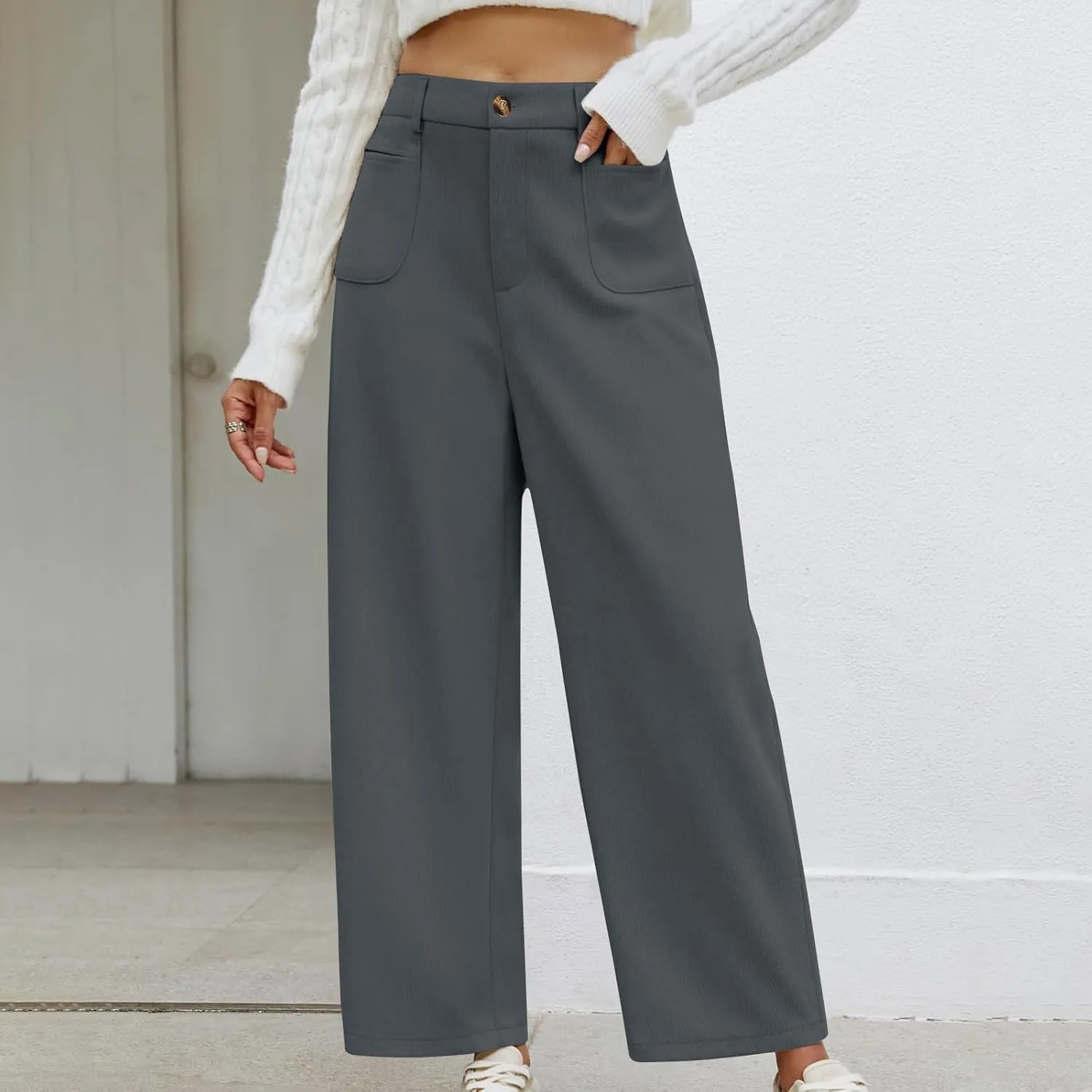 Lastesso Pants for Women Soft Corduroy High Waisted Pants with Pockets Casual Business Lounge Long Trousers Solid Slacks