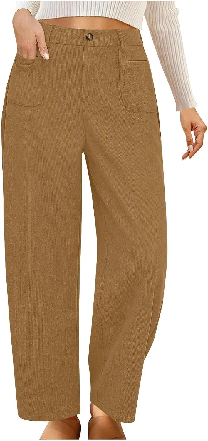 Lastesso Pants for Women Soft Corduroy High Waisted Pants with Pockets Casual Business Lounge Long Trousers Solid Slacks