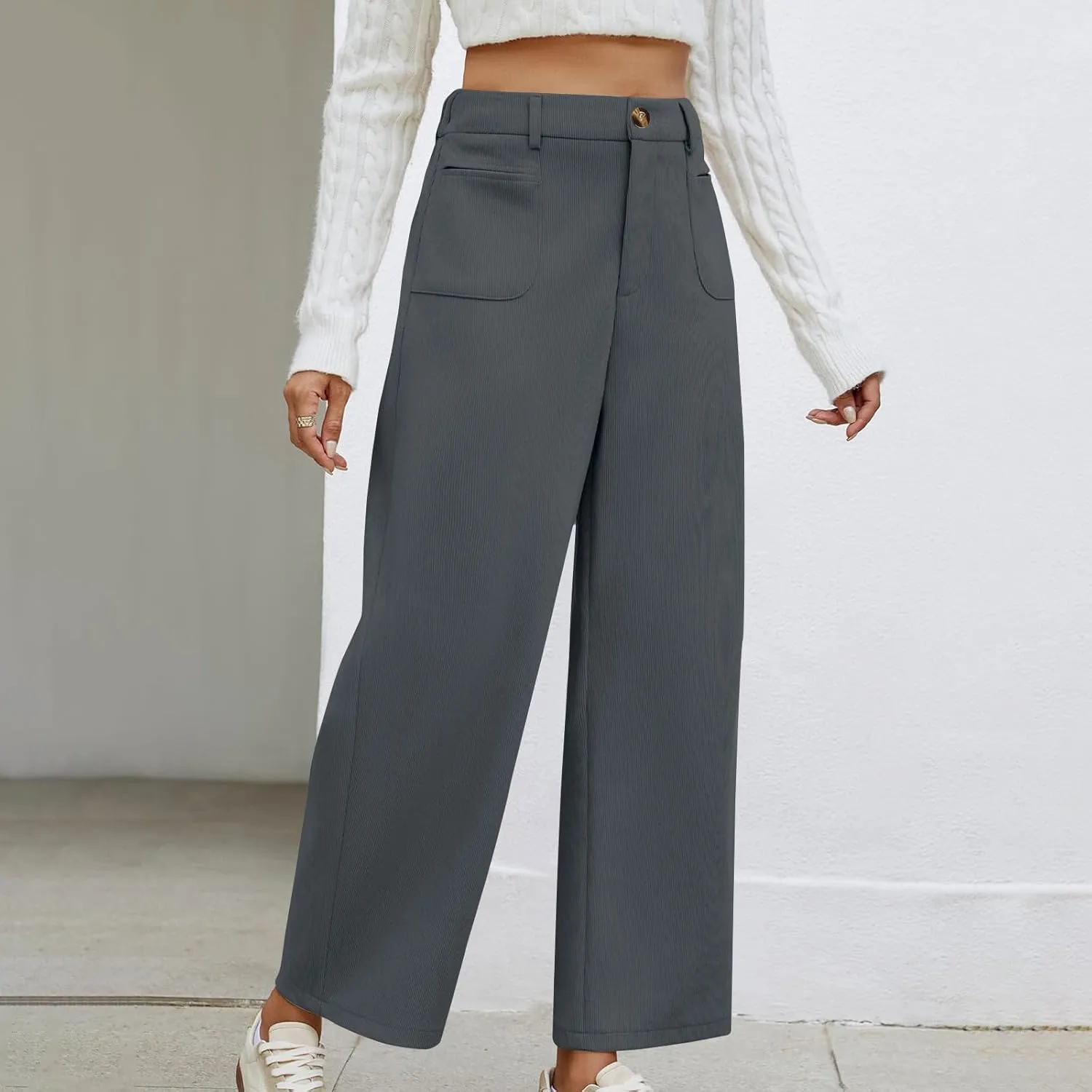 Lastesso Pants for Women Soft Corduroy High Waisted Pants with Pockets Casual Business Lounge Long Trousers Solid Slacks