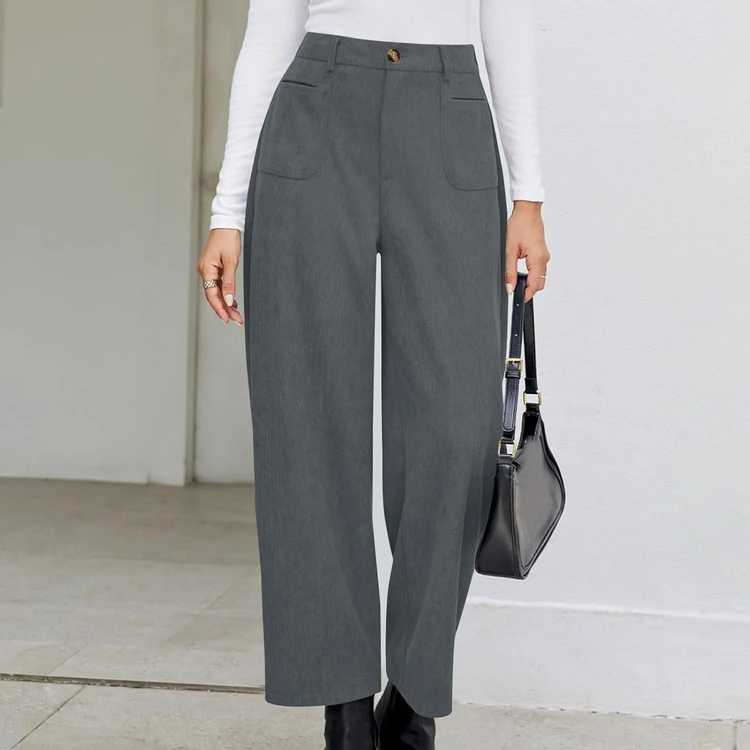Lastesso Pants for Women Soft Corduroy High Waisted Pants with Pockets Casual Business Lounge Long Trousers Solid Slacks