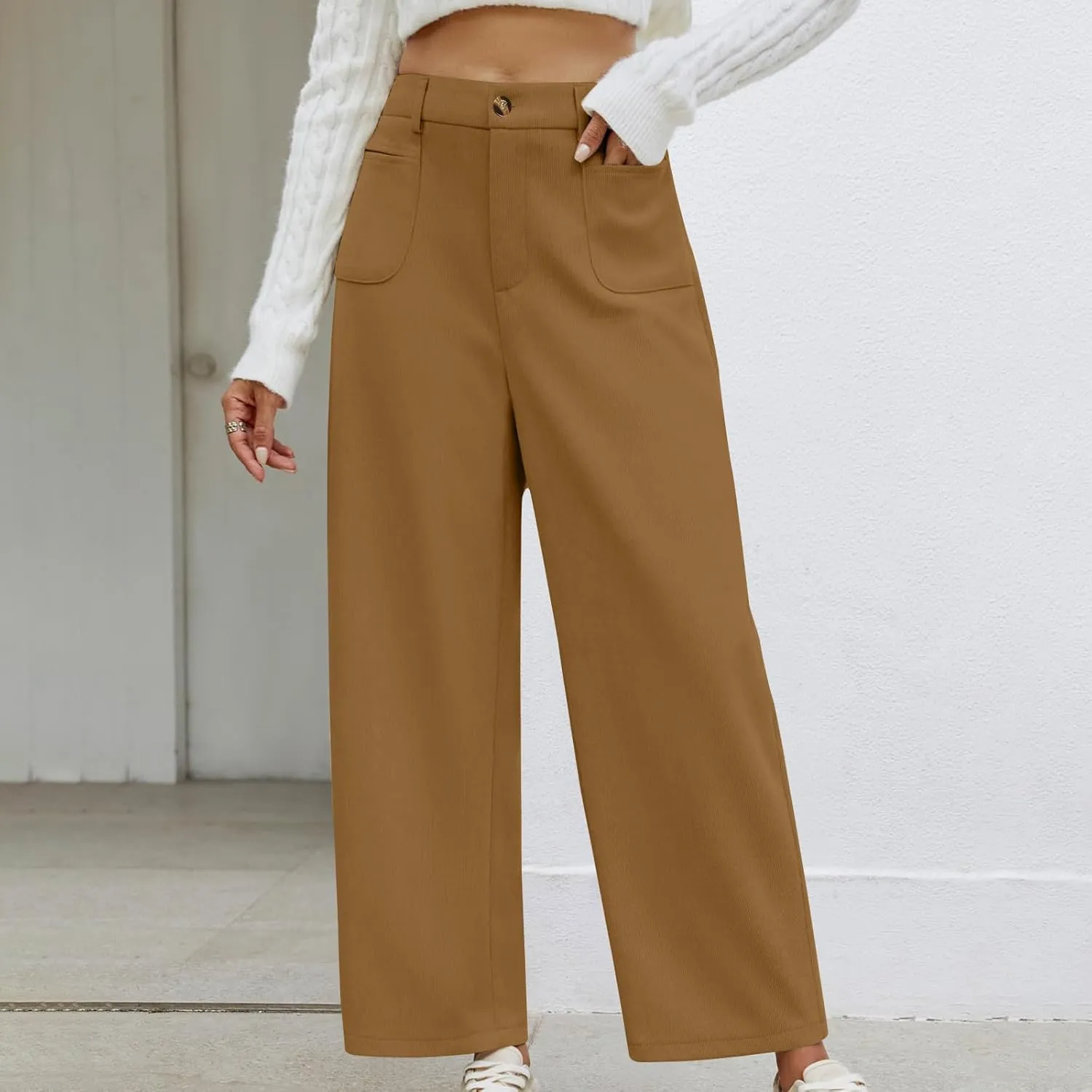 Lastesso Pants for Women Soft Corduroy High Waisted Pants with Pockets Casual Business Lounge Long Trousers Solid Slacks