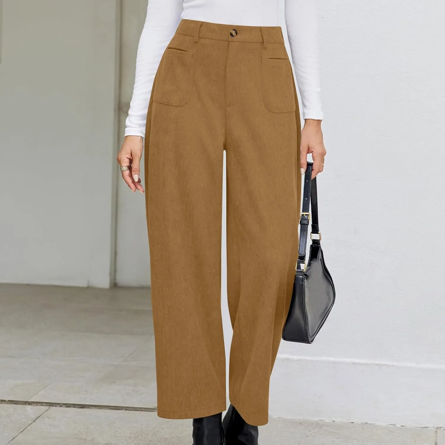 Lastesso Pants for Women Soft Corduroy High Waisted Pants with Pockets Casual Business Lounge Long Trousers Solid Slacks