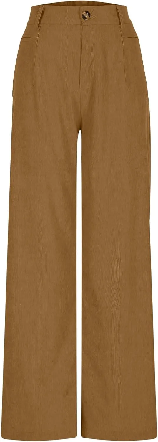 Lastesso Pants for Women Soft Corduroy High Waisted Pants with Pockets Casual Business Lounge Long Trousers Solid Slacks